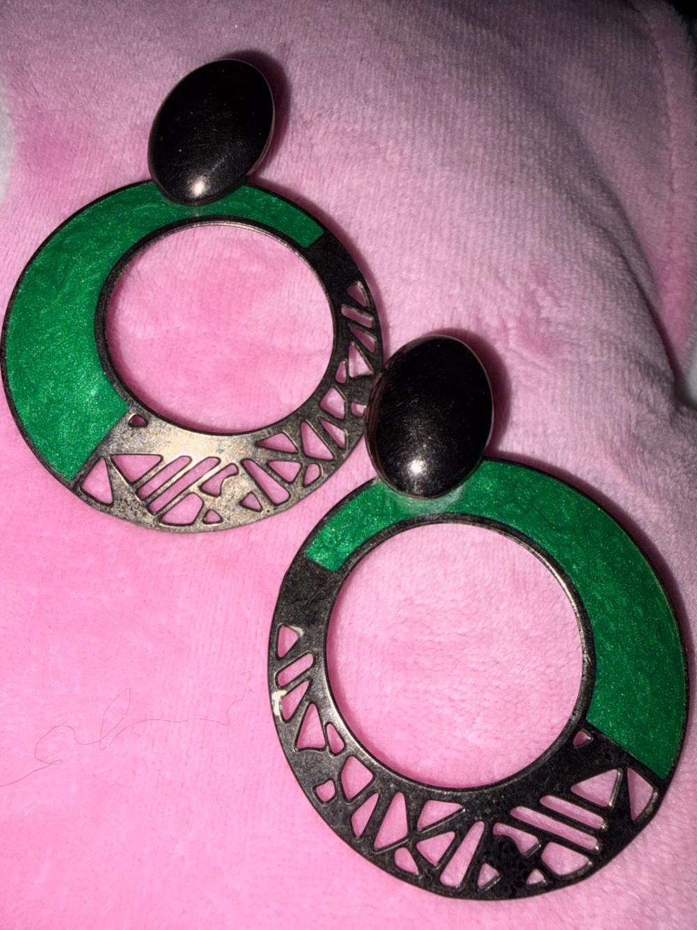 Vintage Modernist Design Green Hoop Drop Earrings - Women Jewelry